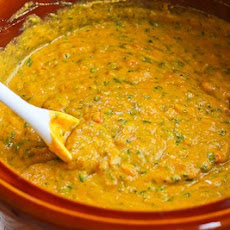 Slow Cooker Thai-Inspired Butternut Squash and Peanut Vegan Soup with Red Bell Pepper, LIme, and Cilantro