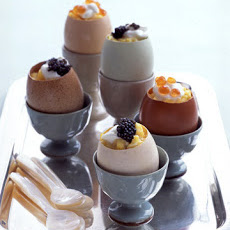 Scrambled Eggs with Creme Fraiche  and  Caviar in Eggshell Cups