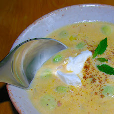 Cream of Succotash Soup, New England style with baby lima beans, pumpkin and corn