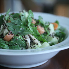 Arugula Salad with Roasted Chicken, Black Quinoa, and Lemon-Tahini Dressing