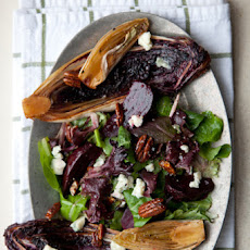 Grilled Bitter Greens Salad with Roasted Beets, Spiced Pecans & Roquefort