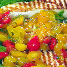 Grilled Halibut Steaks on a Bed of Arugula with Tomato Salad and Gremolata