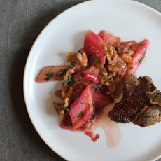 Pan-Seared Lamb Chops with Rhurbarb Agrodolce with Raisins, Parsley + Walnuts