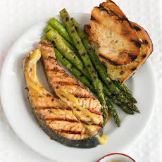 Grilled Salmon Steaks with Mustard Sauce and Asparagus