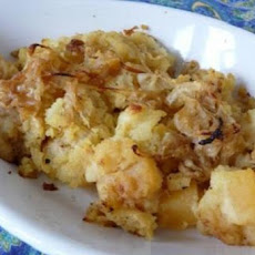 Mashed Potato, Rutabaga and Parsnip Casserole with Caramelized Onions