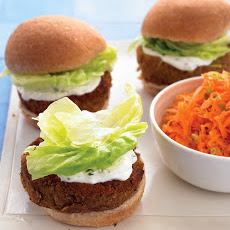 Mediterranean Veggie Burgers with Mint-Yogurt Sauce and Carrot Salad