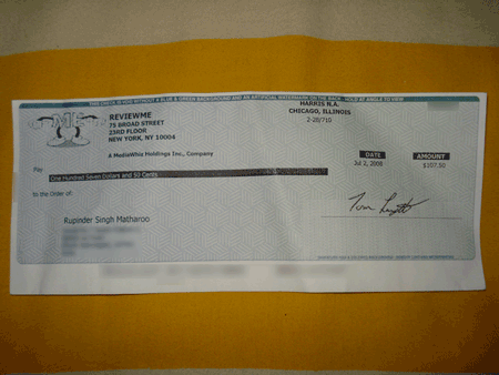 My $107.50 check!! from ReviewME.com
