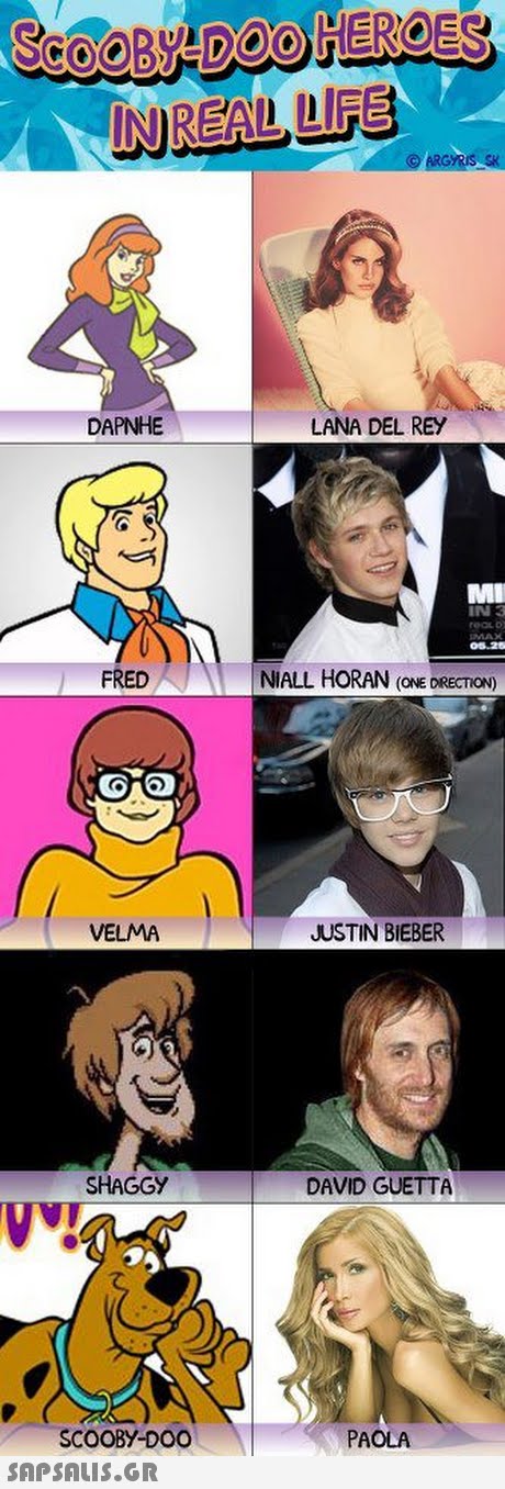 DAPNHE LANA DEL REY MI IN 3 FRED NIALL HORAN (ONE DRECTION) VELMA JUSTIN BIEBER SHAGGY DAVID GUETTA VT SCOOBY-D00 PAOLA 