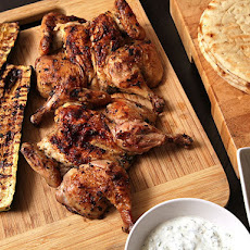 Easy Grilled Cornish Hens and Zucchini with Greek Marinade, Tzatziki, and Greek Salad