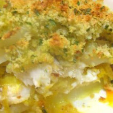 Layered Fish and Potato Pie With Saffron Leeks
