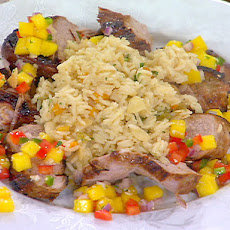 Pan-Roasted Lime Marinated Pork Tenderloin with Mango Salsa and Almond Rice Pilaf