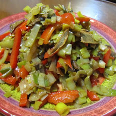 Wine Braised Leeks With Red Pepper & Shiitakes