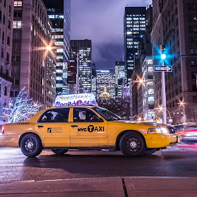 NYC Taxi by Massimo Izzo - City,  Street & Park  Street Scenes ( car, taxi, street, nyc, yellow, park avenue, traffic light, ny, light, usa )