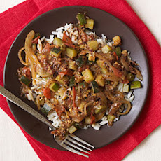 Zucchini in Cuban-Style Cherry Tomato Sofrito with Almond-Cacao Picada