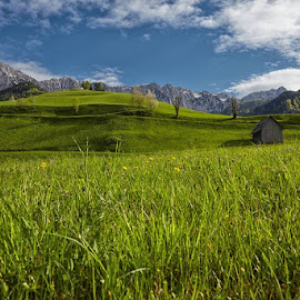 Mountain pasture by Iztok Grilc - Landscapes Mountains & Hills ( clouds, mountains, pasture, blue, green, meadow, landscape )