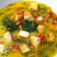 Saffron Kale Soup with Parsley Fennel Pistou, Crispy Pancetta and Croutons