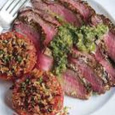 Sliced Steak with Parsley-Caper Sauce and Broiled Tomatoes with Bacon-Bit Breadcrumbs