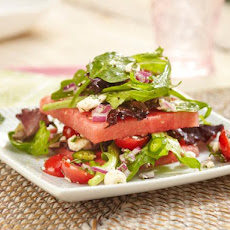 Layered Watermelon, Tomato and Mixed Greens Salad with Feta Cheese