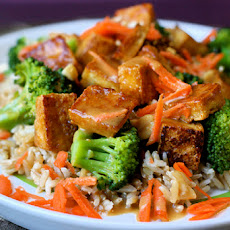 Soy-Mirin Tofu Over Rice with Broccoli and Peanut Sauce