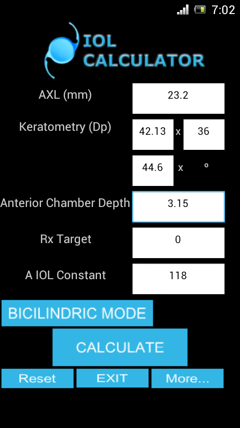 Android application IOL CALCULATOR screenshort