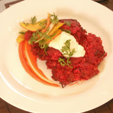 Beet and Red Onion Potato Latkes with Carrot Puree and Horseradish and Caraway Creme Fraiche