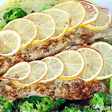 Sea Bass with Mustard Crust with Garlic-Parmesan Broccoli
