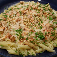 Chicken and Tomato Sauce With Basil and Pine Nuts on Pasta