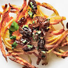 Potato-Carrot Latkes with Lemon-Raisin Topping