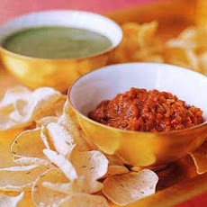 Mini Pappadams with Cilantro Chutney and Lime Pickle