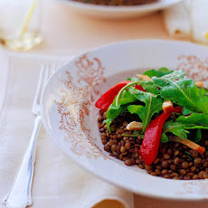 Arugula Salad with French Lentils, Smoked Chicken, and Roasted Peppers