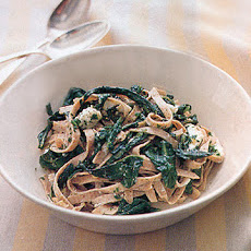 Whole Wheat Fettucine with Dandelion Greens, Goat Cheese, and Roasted Garlic