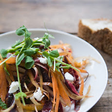 Tri-colored Carrot Salad with Goat Cheese, Mint and Peas Tendrils