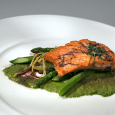 Pan Seared Salmon with Asparagus Lemon Salad, Red Wine Reduction and Watercress Puree