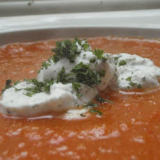 Roasted Red Pepper and Tomato Soup With Dill Creme Fraiche