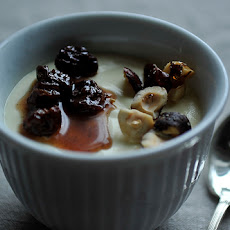Saffron Semifreddo with Cherry-Cardamom Syrup and Salted Honey-Hazelnuts