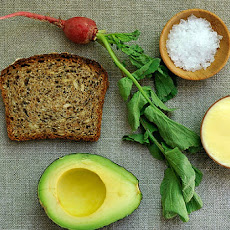 Tartine with Mustard Mayo and Mashed Avocado and Radishes with Butter and Salt