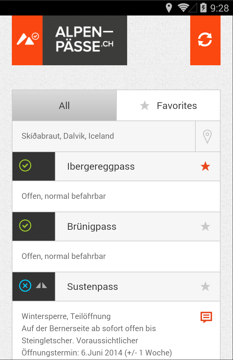 Android application Swiss alpine passes status screenshort