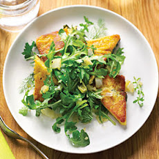 Chickpea Cake with Fava Leaves and Arugula Salad
