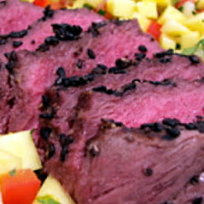 Herb and Garlic-Crusted Beef Tenderloin with Red and Yellow Pepper Relish