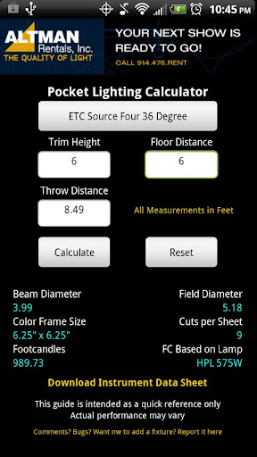 Stage Lighting Beam Calculator