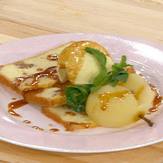 Poached Seckle Pears with Walnut Pound Cake, Blue Cheese Ice Cream and Rosemary Caramel