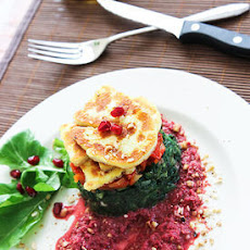Halloumi Spinach Stack with Garlicky Beetroot Hummus