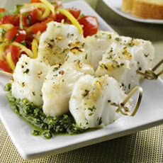 Skewered Sea Bass with Spinach Pesto and Mango Salsa