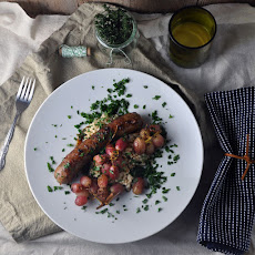 Roasted Sausages with Grapes and Creamy Pearl Couscous ‘Risotto’