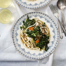 Black Cod Fillets Poached in Five-Spice Broth with Baby Bok Choy and Udon