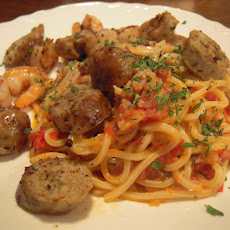 Pasta with Red Pepper Sauce, Sausage, and Shrimp