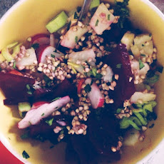 Warm winter salad with root veggies and buckwheat, dressed with greek yogurt