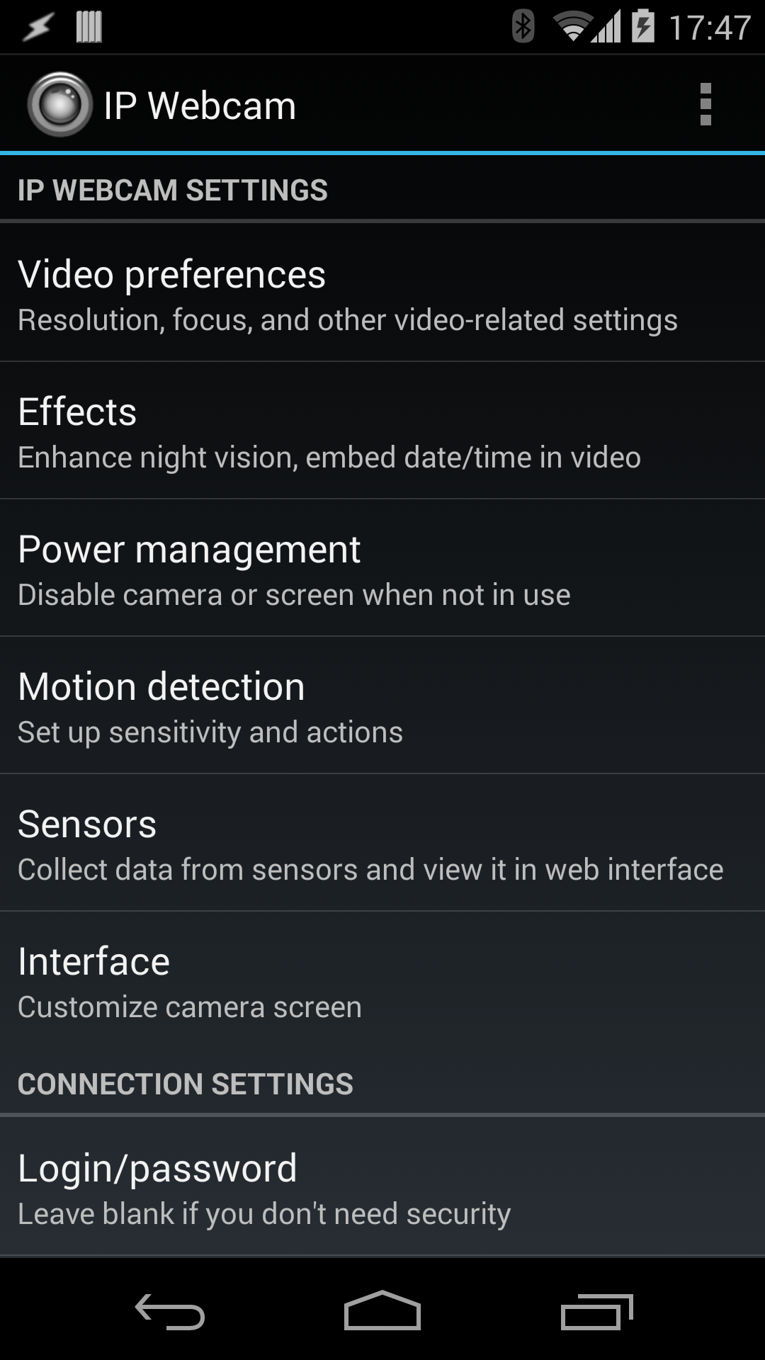 Android application IP Webcam screenshort