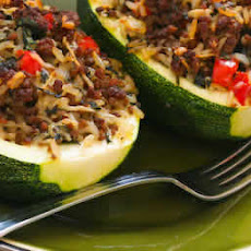 Stuffed Zucchini Recipe with Brown Rice, Ground Beef, Red Pepper, and Basil