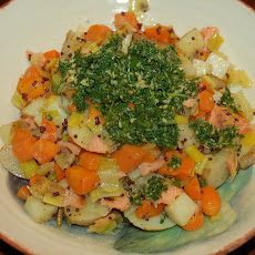 Root Veggie Hash with Mustards, Smoked Salmon and Carrot Top Pesto